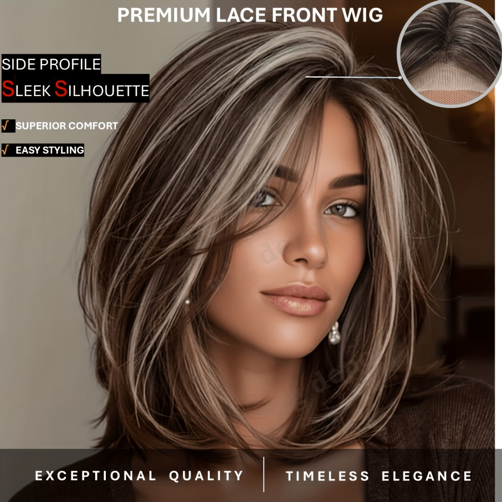 U Part Lace Front Bob Wig 4x1 Glueless Rose Net Cap Middle Part Natural Hairline Synthetic Wig for Women 14 Inch Brown Highlights Milky White Black Pink - product image 35