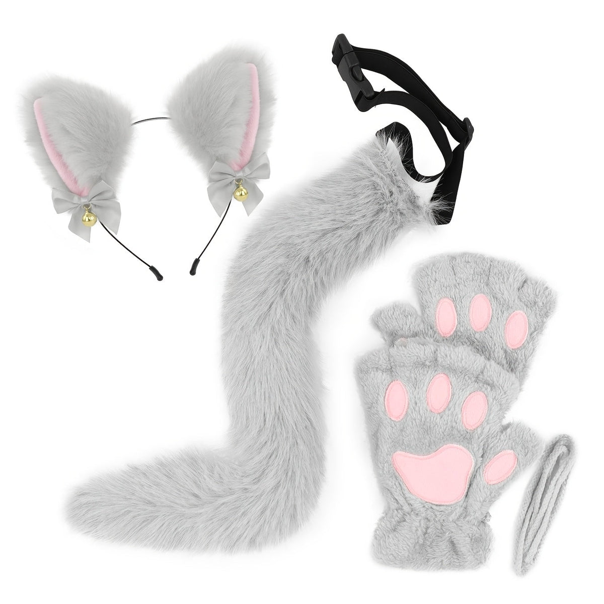 Bell Ear Headband, Plush Paw Gloves & Adjustable Tail for Halloween, Cosplay, Role Play & Stage Performances, Cute Gift for Women Girls, Grey White Brown Pink | Cat Costume Set 3 Piece