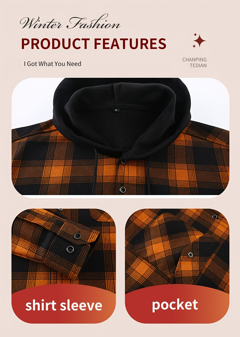 Men's Heavy-Duty Flannel Jacket - Thermal Insulated Hooded Coat with Front Pockets, Blue Black Plaid Work Jacket for Logging, Winter Outdoor Jobs, Construction - Cold Weather Outerwear by ESEA
