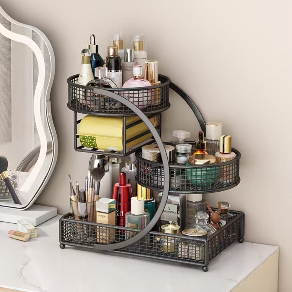 3-Tier Metal Cosmetic Organizer with Tissue Box Holder No-Installation Countertop Makeup Skincare Storage Rack for Bathroom Dresser Vanity Table Black White - product image