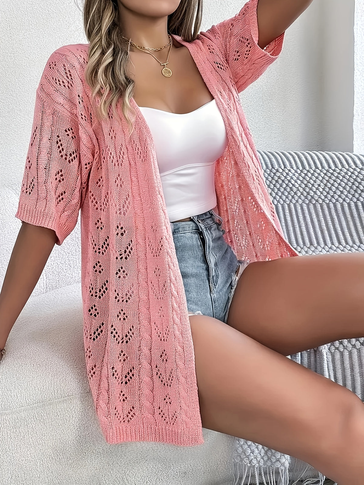 Plus Size, Plus Size Women's Lightweight Lace- Cardigan - Open Front Semi-Sheer Cover-Up with Cut-Out Design, Casual Chic Spring/Summer Beachwear for Vacation - product image 45