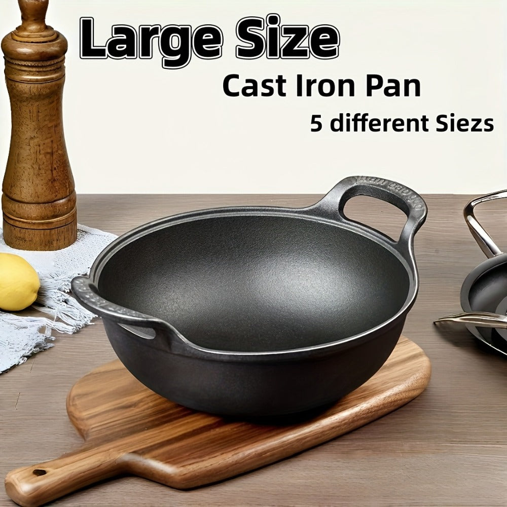 Cast Iron Wok Skillet Non-Stick Deep Stir Fry Pan with Dual Handles - Heavy Duty Uncoated Traditional Cooking Pot Multi-Size 9.84 10.62 11.81 12.59 Inch for Home Outdoor Grilling B - product image