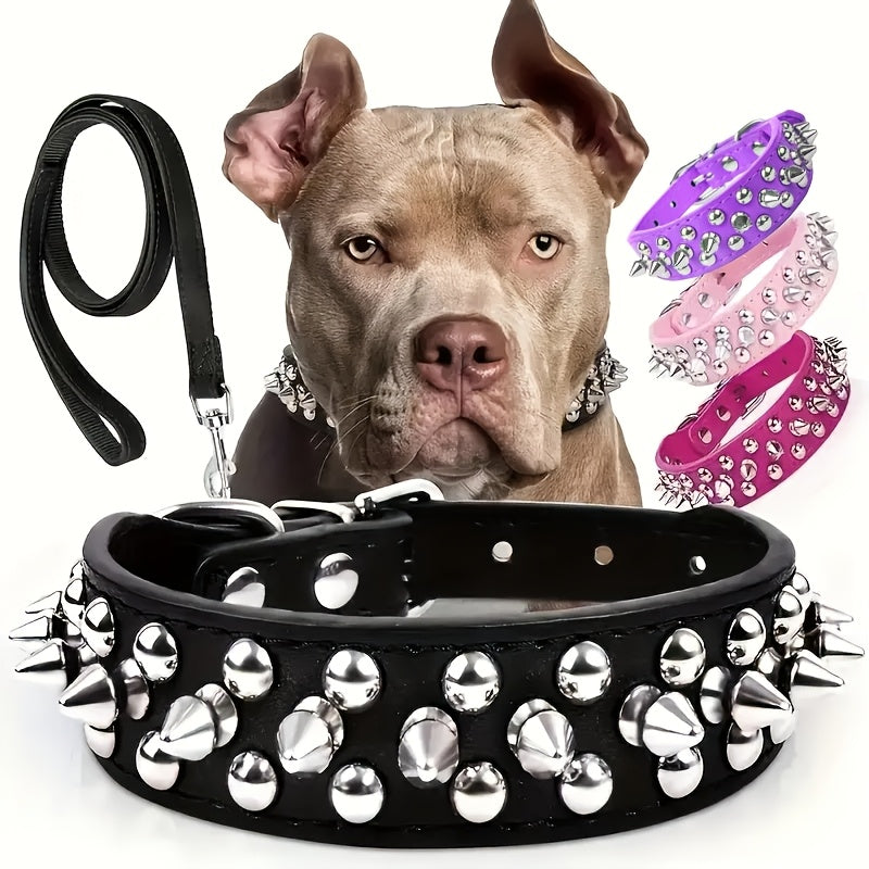 XXL, Black Pink Red Blue Purple | Rivet Dog Collar Bite Resistant with Leash Set, Heavy Duty Metal Buckle Pet Collar for Medium Large Dogs, Adjustable Sizes XS - product image