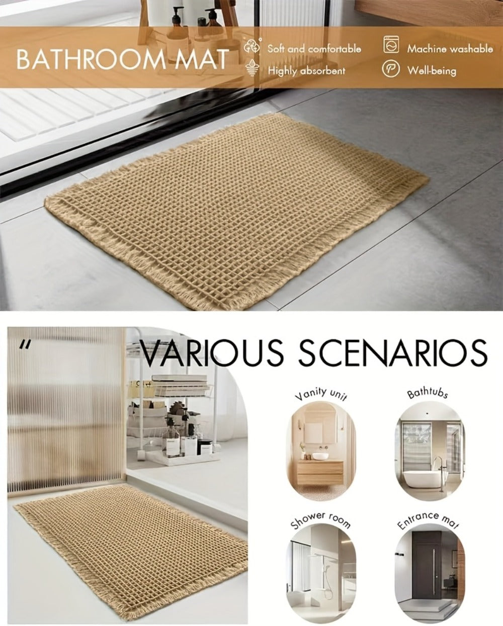 Non-Slip Bath Mat with Tassels Super Absorbent Ultra Soft Machine Washable Bathroom Rug with Anti-Skid Backing 2 Sizes - product image 13