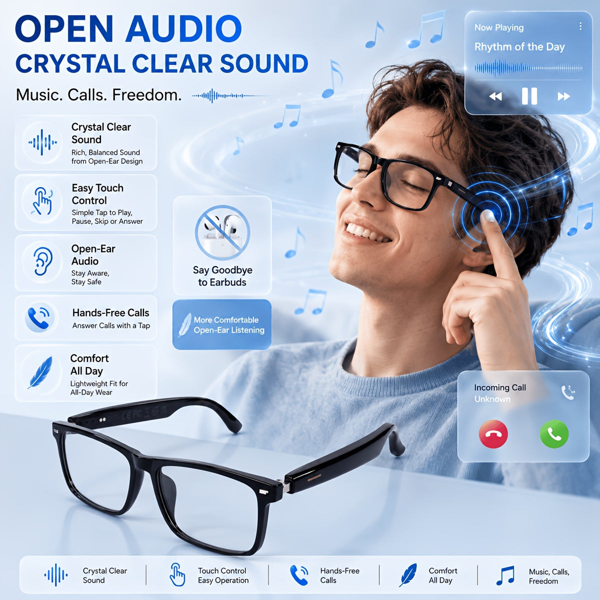 2026 AI Smart Translation Glasses, 160+ Languages Real-Time & Video Translation, Photochromic Blue-Light Lenses, Open-Ear Audio, Touch Control, Hands-Free Calls & Music