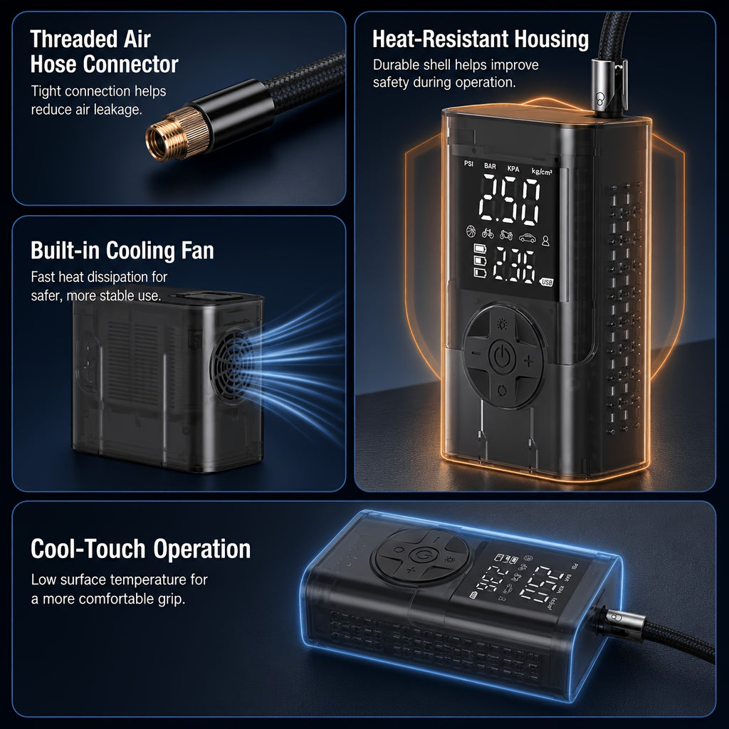 Portable Tire Inflator with Digital Pressure Gauge, Portable Air Compressor, 150PSI/210 PSI, 22 Cylinders, Built-In 12V Car Emergency Jump Starter and Battery - product image 30
