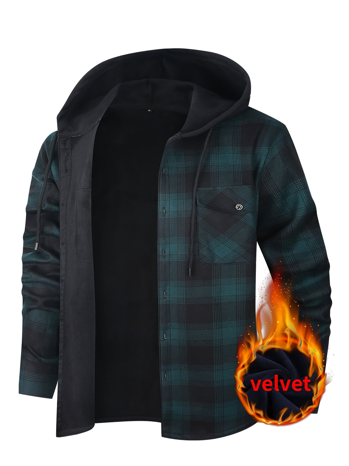 Men's Heavy-Duty Flannel Jacket - Thermal Insulated Hooded Coat with Front Pockets, Blue Black Plaid Work Jacket for Logging, Winter Outdoor Jobs, Construction - Cold Weather Outerwear by ESEA