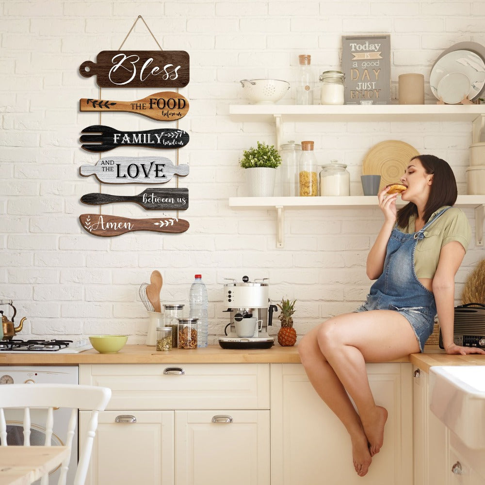 Farmhouse Wall Decor Wood Sign Set - "Bless The Food Before Us" Rustic Kitchen Dining Room Hanging Plaque, 6-Piece Rope Wood Board Art, Housewarming Thanksgiving Gift for Home - product image 7