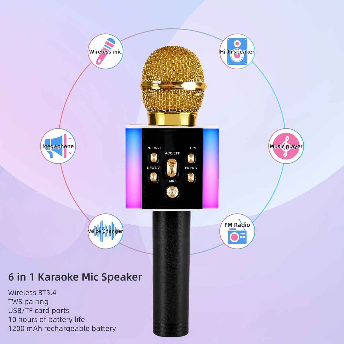 Wireless Karaoke Microphone Speaker with LED Lights and Fun Voice Changer - Portable Singing Mic, Perfect for Holiday Parties, Christmas Family Gatherings, New Year Celebrations
