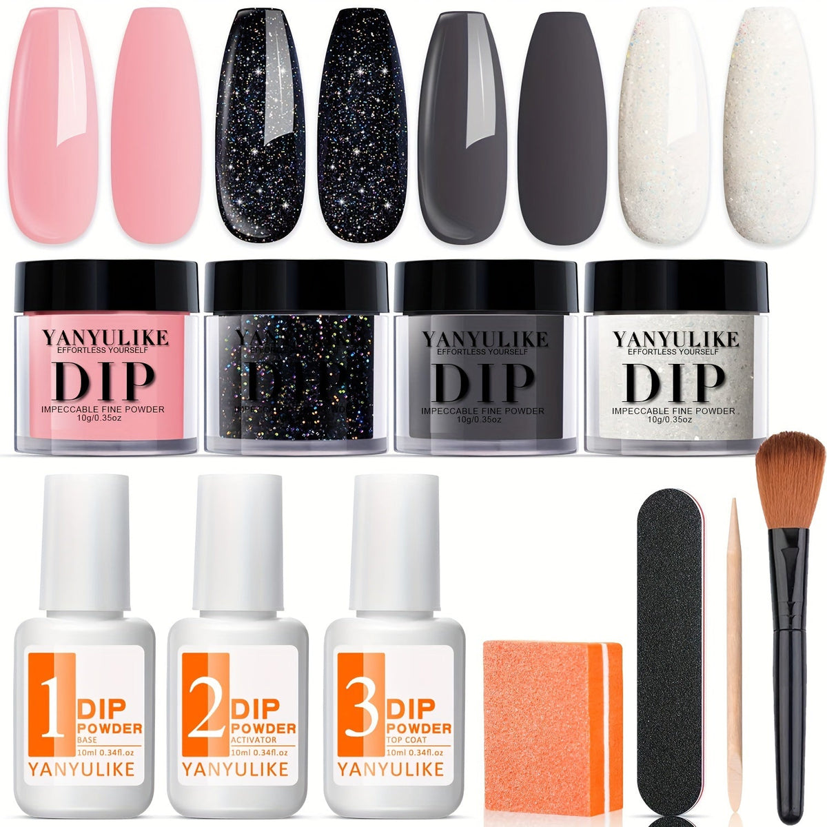 Dip Powder Nail Starter Kit 4 Colors Soft Gray Pink Black Glitter with Base Coat Top Coat Activator No Lamp French Nail Art Salon Style Manicure Set for Beginners Women - product image 8