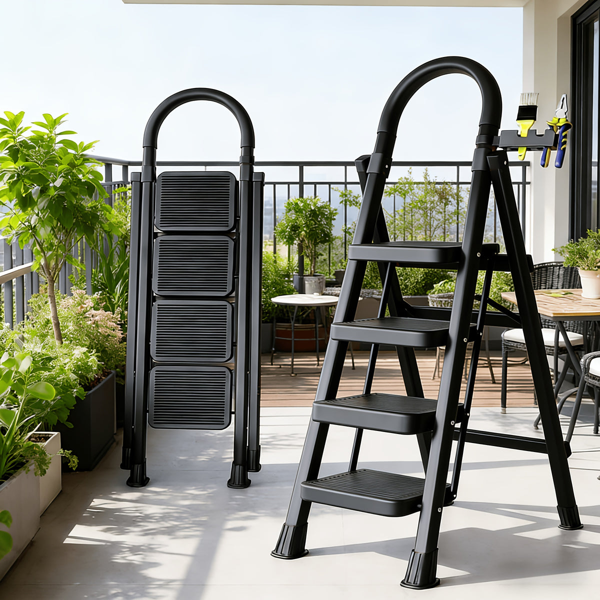 500lbs Load-bearing Folding Ladder | Heavy-duty Steel Step Stool with Anti-slip Wide Treads, Handrails, Safety Lock Design, Black and Red Color Scheme - product image 8