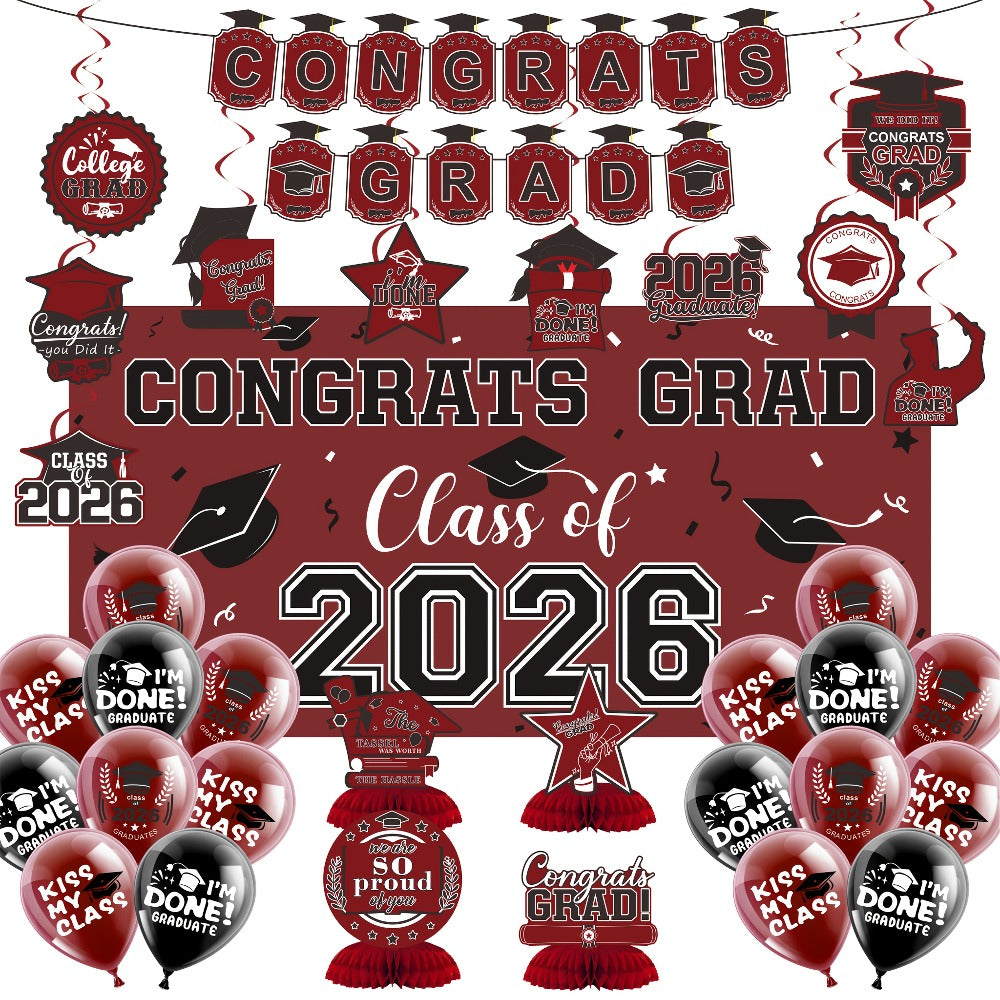 Complete Set with Backdrop Banner Hanging Swirls Balloons & Honeycomb Supplies, 6 Color Options Purple Maroon Blue Red Green Gold | Class of 2026 Graduation Party Decorations