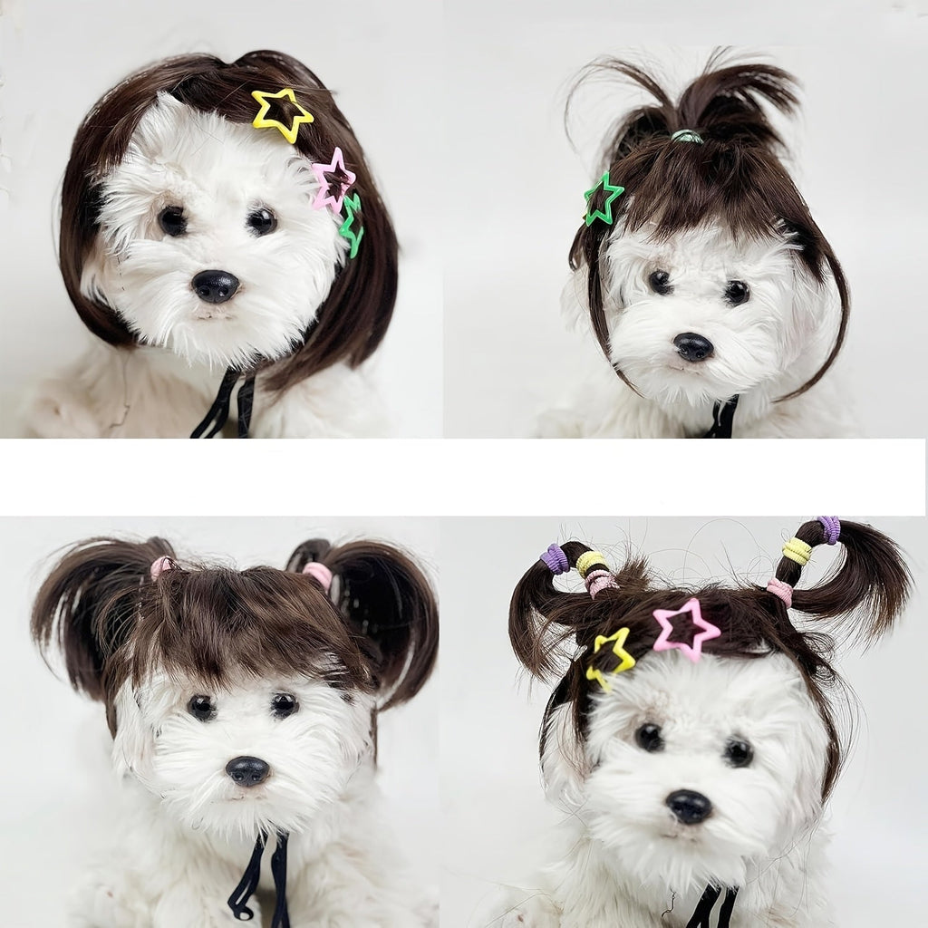 Funny Pet Hair Headpiece Adjustable Heat-Resistant Trimmable Black Brown Wig for Halloween Christmas Birthday Party Dress Up Photo Prop – Dog Wig Costume for - product image