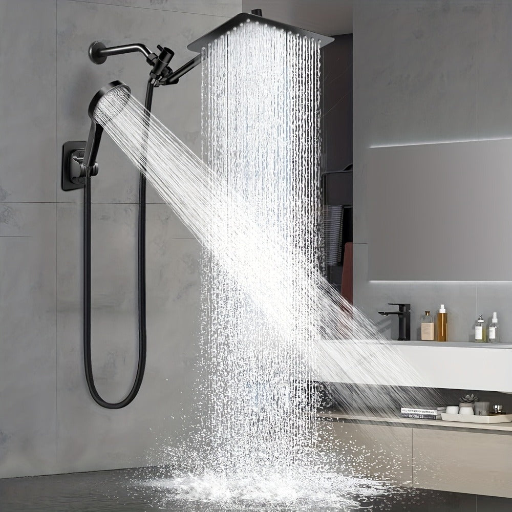 High Pressure Rainfall Shower Head Handheld Combo 4-Spray Modes 10 12 Inch Adjustable Extension Arm 78-Inch Hose Adhesive Holder Wall Mount Chrome Black Bathroom - product image 9