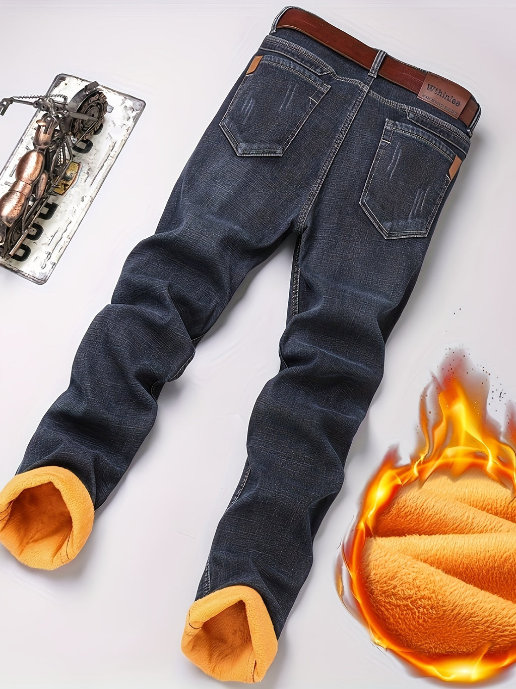 Men's High-Waisted Straight-Leg Winter Jeans - Thickened -Lined Warmth, Washed Denim Texture, Solid Blue Casual Pants for Cold Weather, Cold Weather Apparel - product image 3