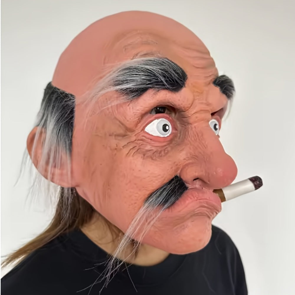 Old Man Grandpa Latex Full Head Mask with Beard | Realistic Smoking Elderly Halloween Costume for Adults Cosplay Theater Pranks Funny Disguise Prop Costume Party