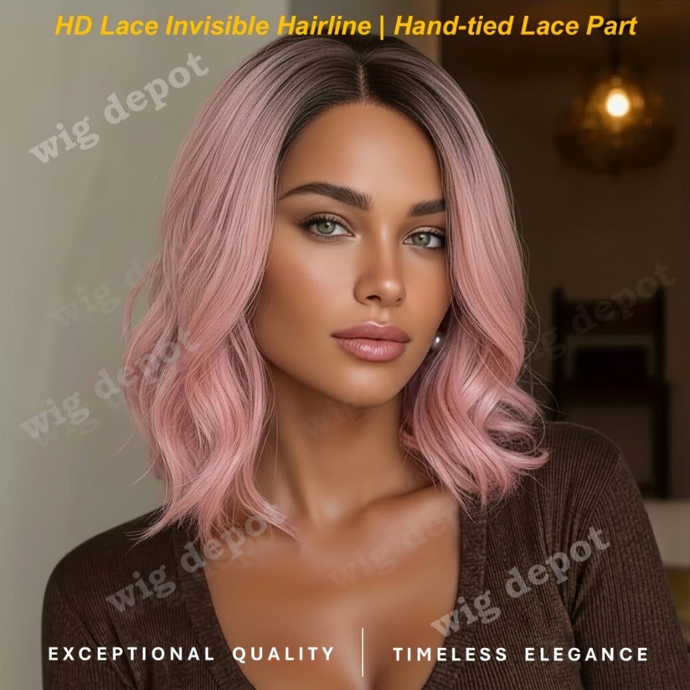 U Part Lace Front Bob Wig 4x1 Glueless Rose Net Cap Middle Part Natural Hairline Synthetic Wig for Women 14 Inch Brown Highlights Milky White Black Pink - product image 10