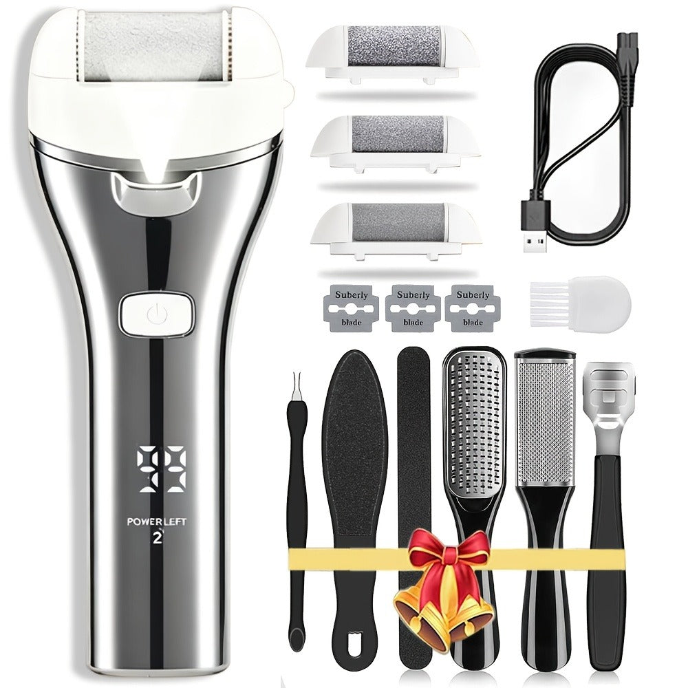 Electric Foot File 14-in-1 Rechargeable Pedicure Kit 3 Roller Heads Dead Skin Callus Remover Portable Foot Scrubber Professional Foot Care Tool for Women Men Black White Silver - product image 6