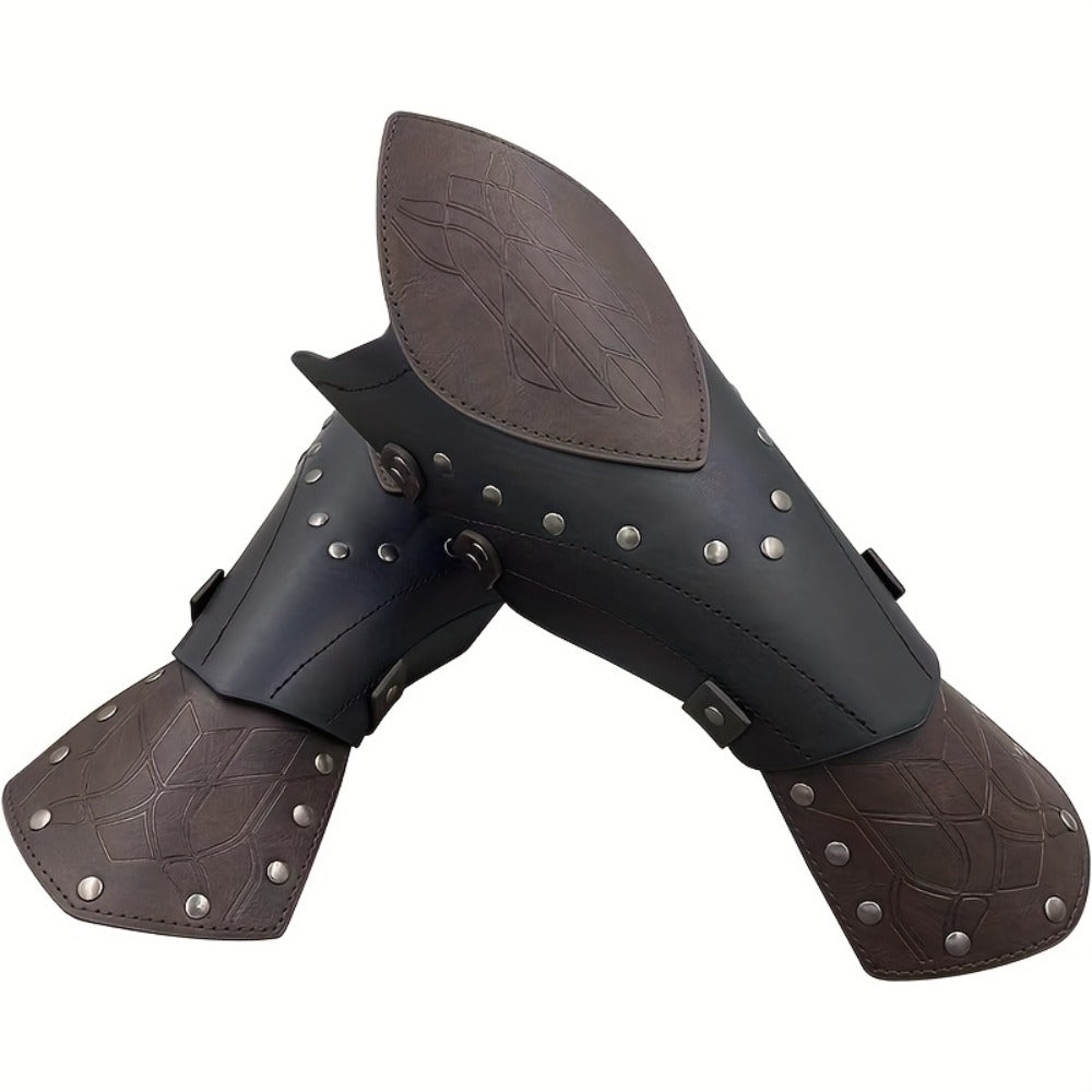 Halloween Knight Gloves LARP Cosplay Renaissance Faire Role Play Costume Prop, Black | Elf Arm Guards 2pcs Medieval Embossed Faux Leather Fantasy Buckle Armor - product image 5