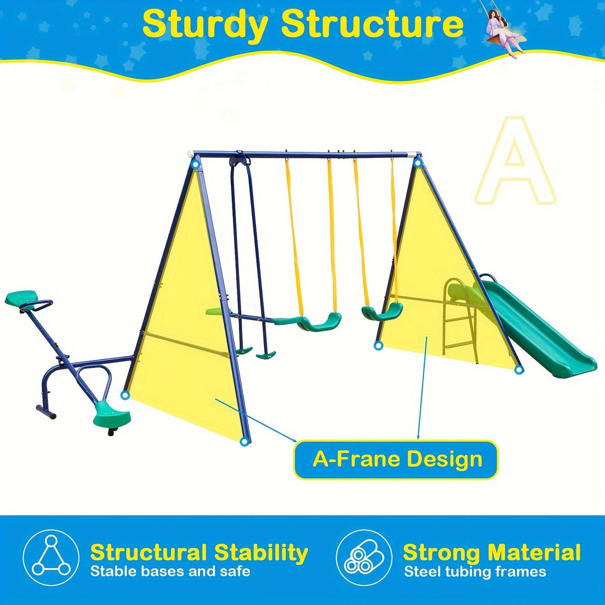 Heavy Duty A-Frame Metal Swing Set for Backyard with 2 Swings Slide Glider Seesaw Disc Seat Outdoor Playset for Kids Toddlers Backyard Play Structure - product image