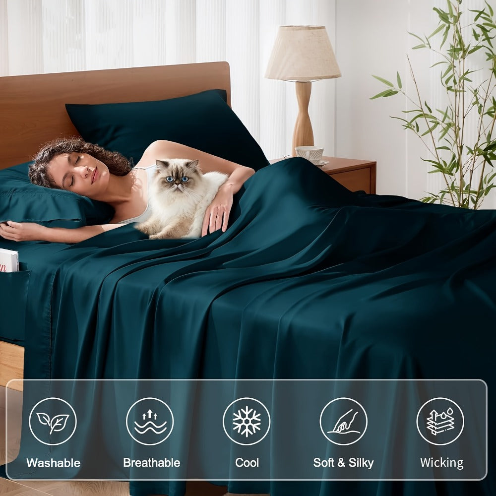 Bamboo Cooling Bed Sheet Set 4pcs Extra Deep Pocket Breathable Fitted Sheet Flat Sheet Pillowcases for Hot Sleepers Twin Full Queen King - product image 20