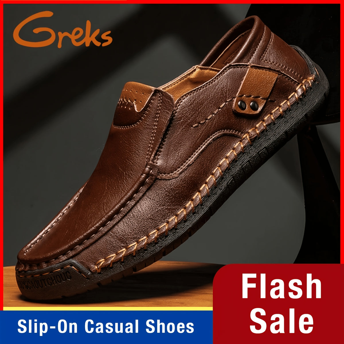 Men's Hand-Stitched Loafers, Non-Slip Wear-Resistant Rubber Sole Driving Moccasins, Vintage Brown Comfortable Smart Casual Daily Walking Business Office Shoes - product image