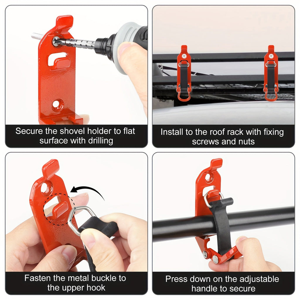 Roof Rack Shovel Mount 2-Pack | Metal Clamp Bracket Kit with Rubber Clamps, Quick Release Axe Holder for Roof Rack, Truck Bed, Boat, RV & Trailer, Fits Shovels, Axes & Long Handle Tools