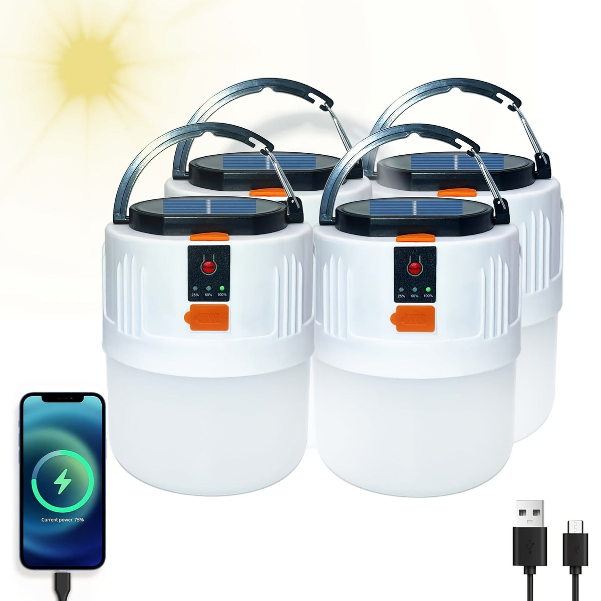 LED Camping Lantern Rechargeable, 1200mAh Solar Panel & USB Charging, 3 Lighting Modes, Lightweight Tent Light for Power Outage, Emergency, Hurricane & Car Repair | Travel-friendly Solar Lantern 4-Pack