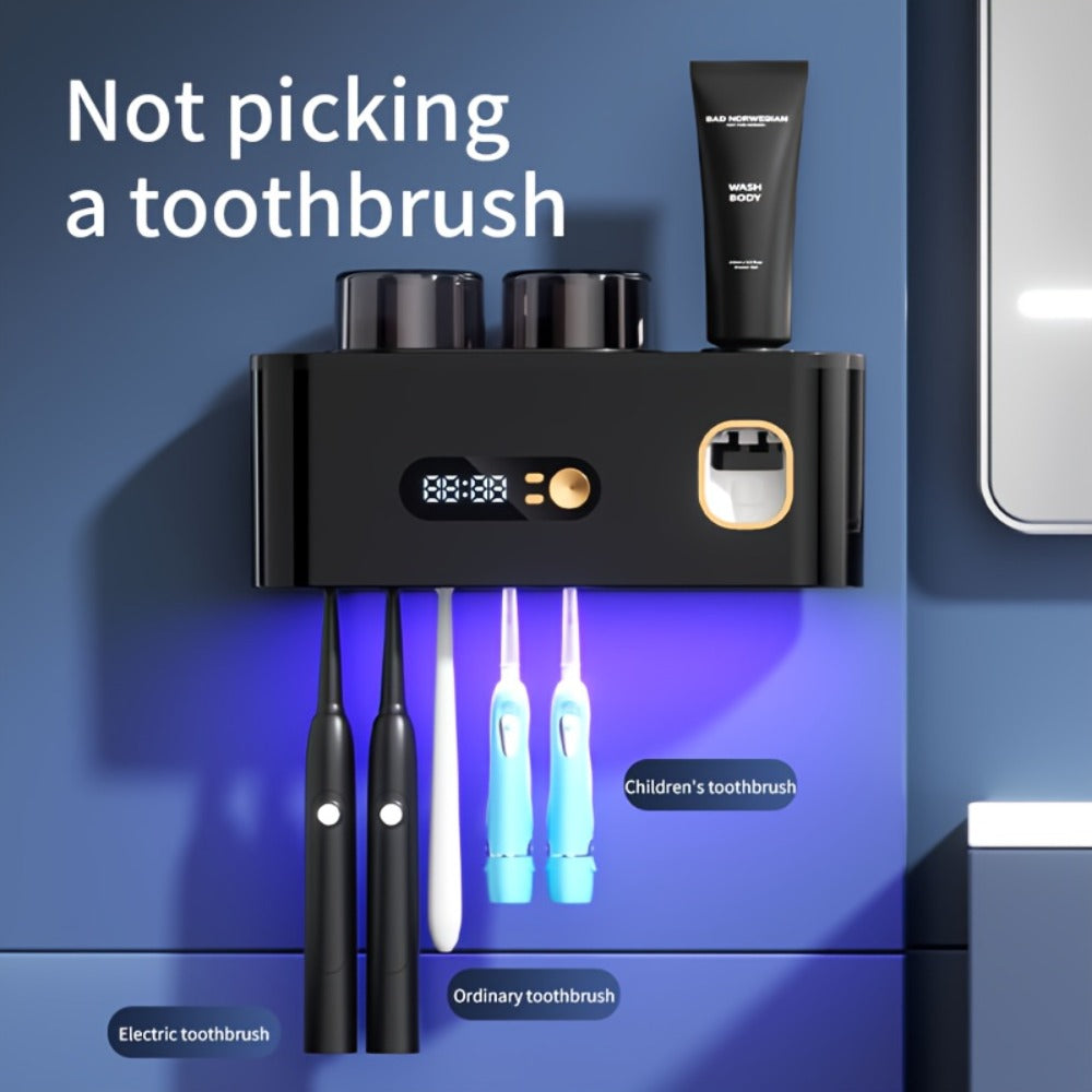 Toothbrush Holder with UV Sterilizer & Automatic Toothpaste Dispenser – 5-Slot Smart Bathroom Organizer with 2 Cups, USB Rechargeable, Clock Display, Durable Plastic Wall Mount for - product image