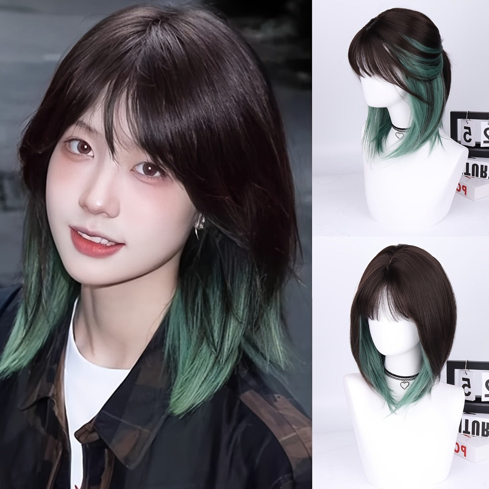 Ombre Synthetic Bob Wig with Bangs 150% Density 16 Inch Short Straight Rose Net Cap | Brown Black Wine Red Pink Green | Halloween Cosplay Party Music Festival - product image 4
