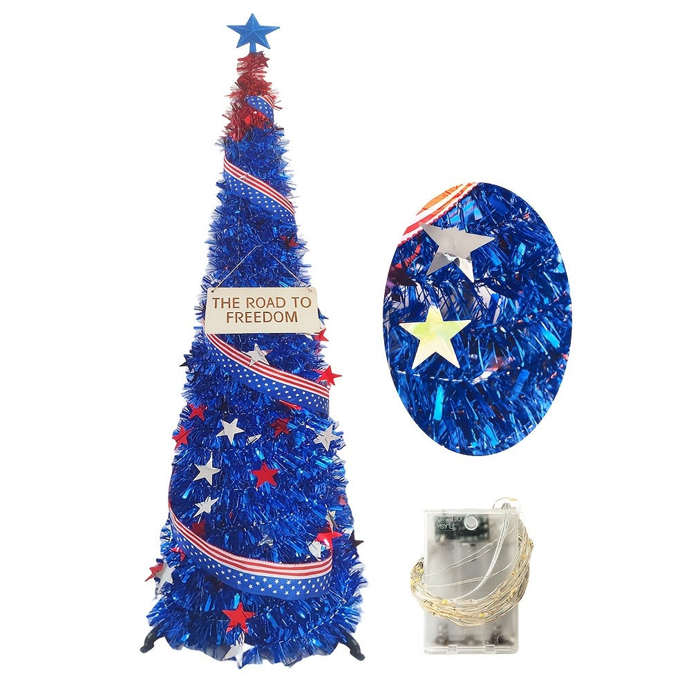 4th of July Decorative Tree 5ft LED Light, Foldable Patriotic Stars & Stripes Blue Christmas Tree with Red White Blue LED String Lights, Independence Day Party Decoration & Summer  - product image 10