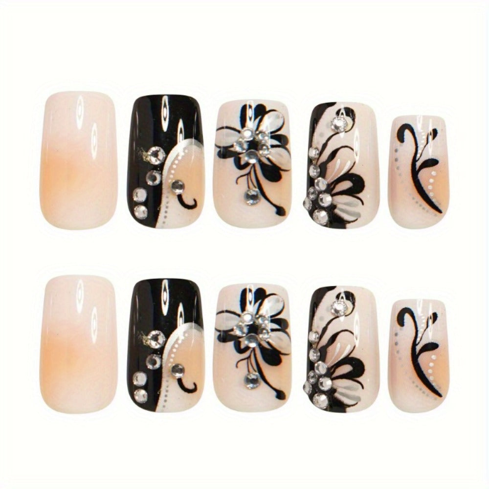 Matte Press On Nails 48 Pieces Black White Square – French Tip Butterfly Pattern Full Cover Detachable False Nails for Women | Elegant Nail Art Gift Set for Valentines Day Holiday  - product image 5
