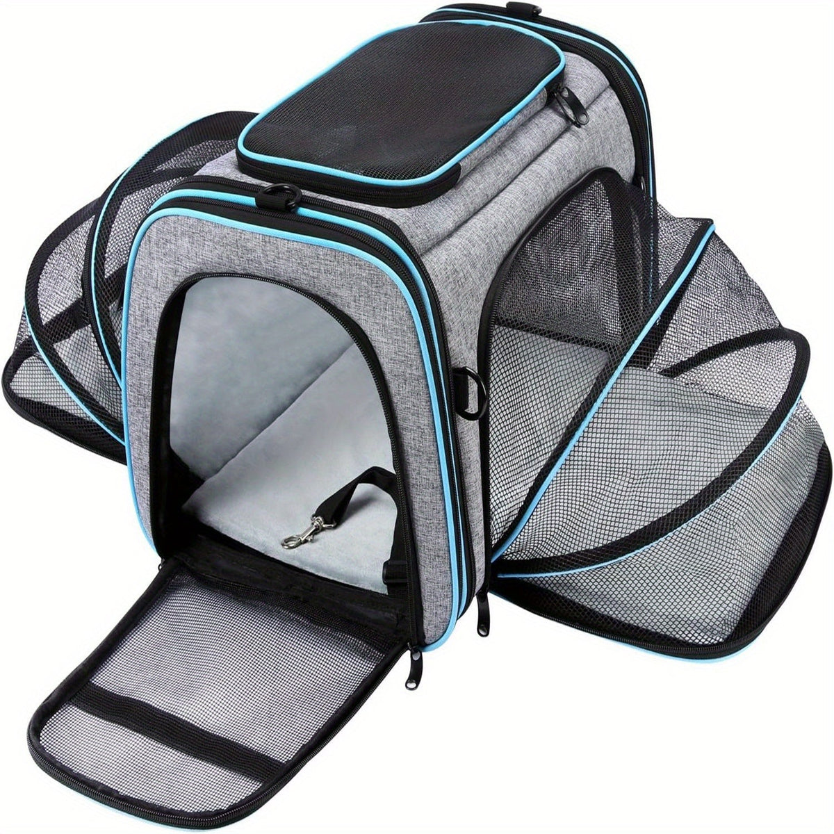 Airline Approved Expandable Pet Carrier Bag – Soft-Sided Polyester Travel Tote for Small Dogs & Cats, Removable Fleece Pad, Reflective Strips, Steel Frame, Top - product image
