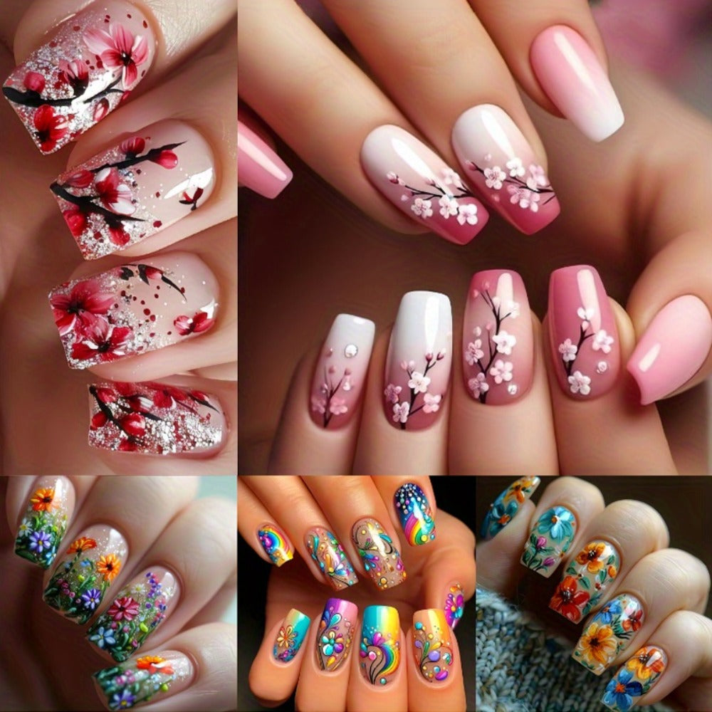 Floral Press On Nails 120 Pieces 5 Packs – Glossy Spring Summer False Nails Medium Square Full Cover Fake Nails with Striped & Mixed Color Designs | Removable Nail Art Set for Wome - product image 10