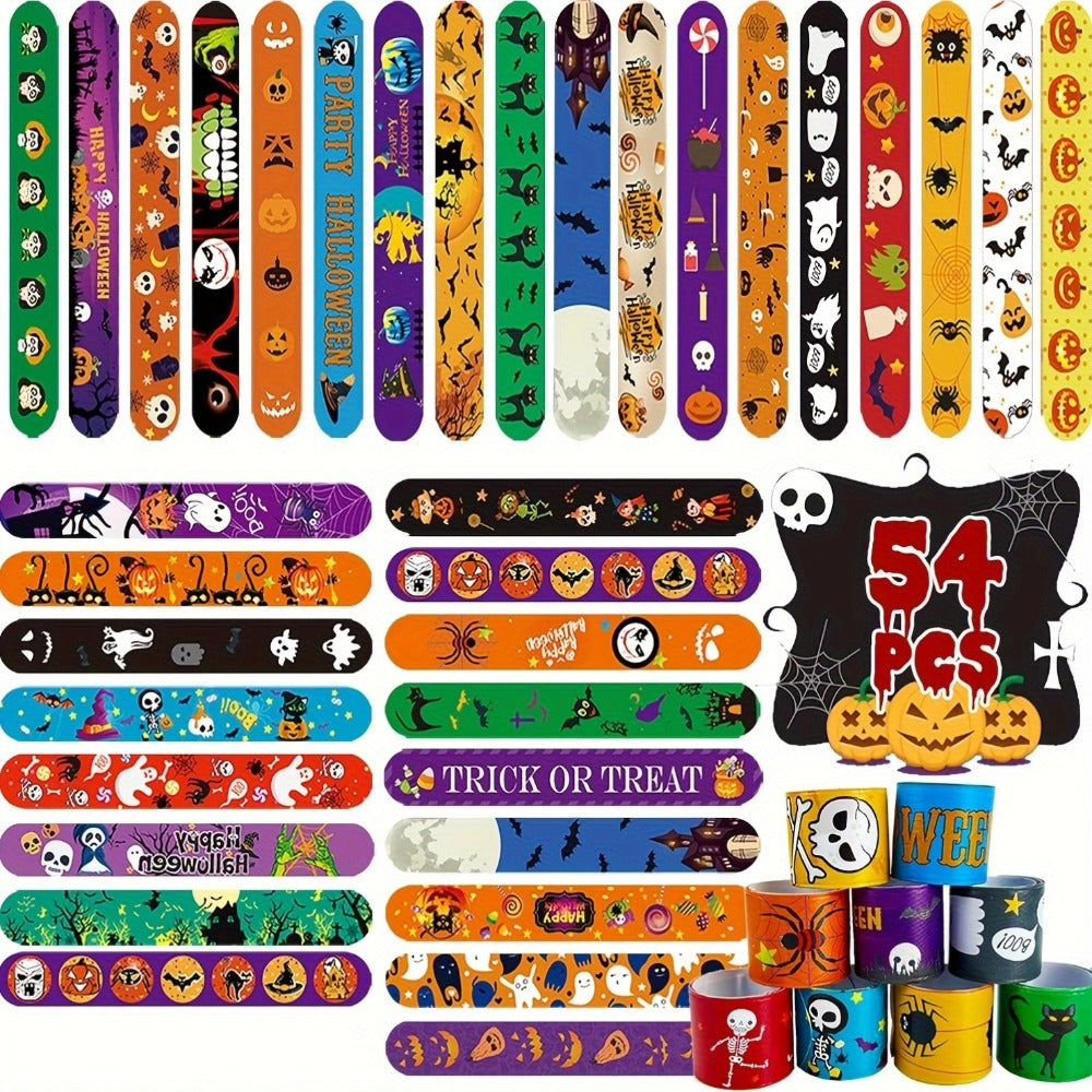 54/100PCS Halloween Party Favors for Boys & Girls, Spooky Treat Bag Stuffers, Classroom Goodie Gifts, Halloween Toy Accessories | Halloween Slap Bracelets Bulk for Kids