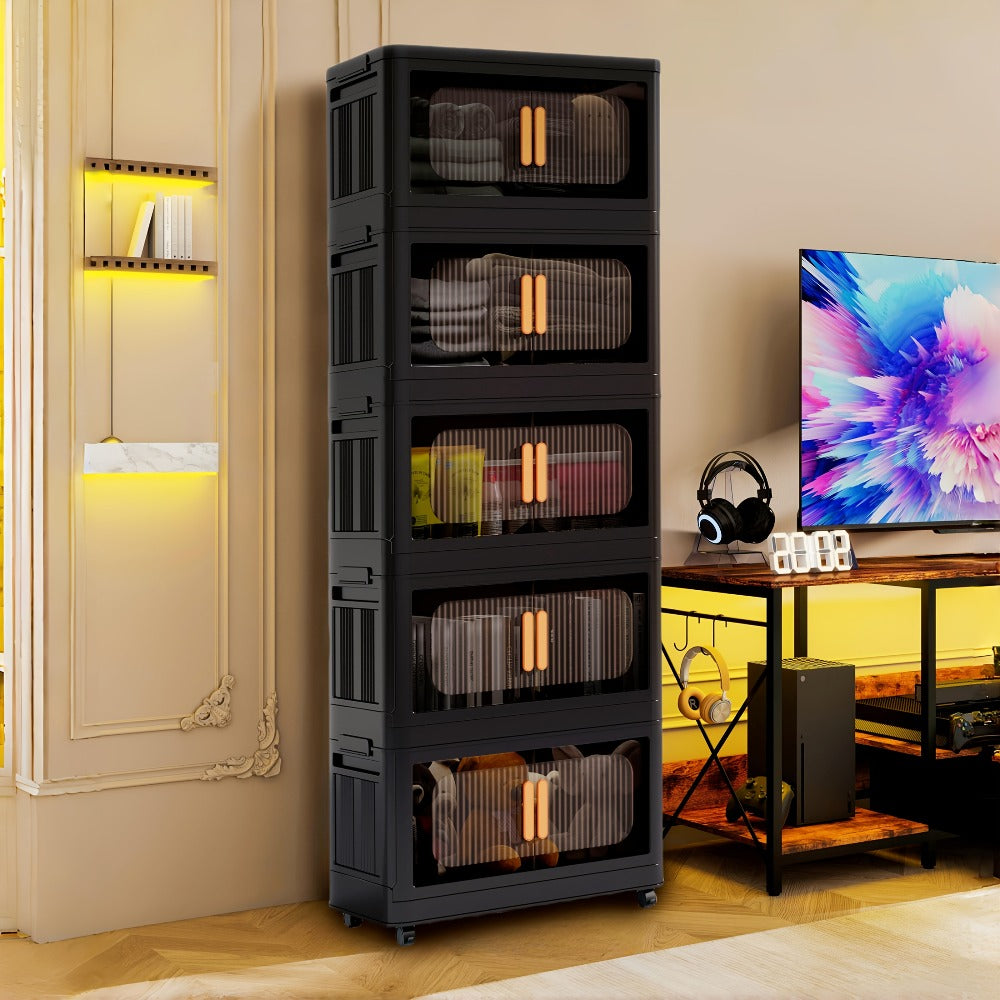 Rolling Storage Cart 4 5 Tier Double Door Collapsible Stackable Plastic Organizer with 360 Lockable Wheels Space Saving Bin for Dorm Office Closet Bedroom Garage Gym - product image 2