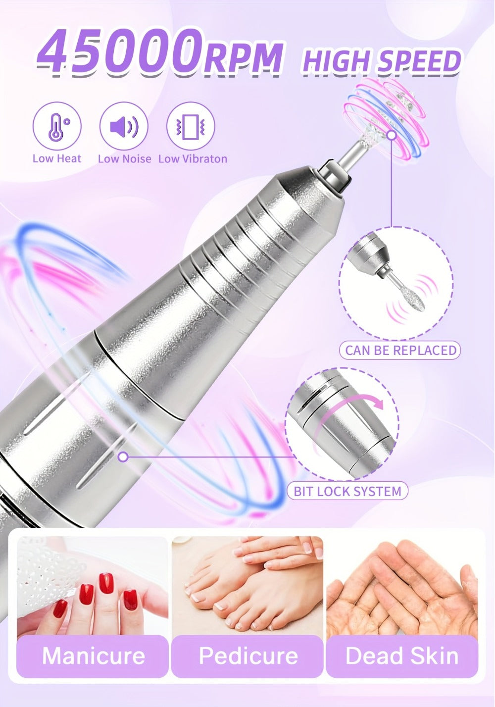45000RPM Electric Nail Drill Machine Rechargeable Cordless with LCD Display Professional Nail File Drill for Acrylic Gel Nails Cuticle Removal Manicure Pedicure Polisher Home Salon - product image 12