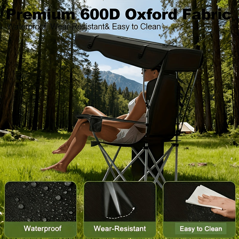 Carry-along Folding Camping Chair with Canopy Sun Shade 600D Oxford Fabric Outdoor Chair for Camping Beach Picnic Fishing Sports Featherlight Collapsible Seat