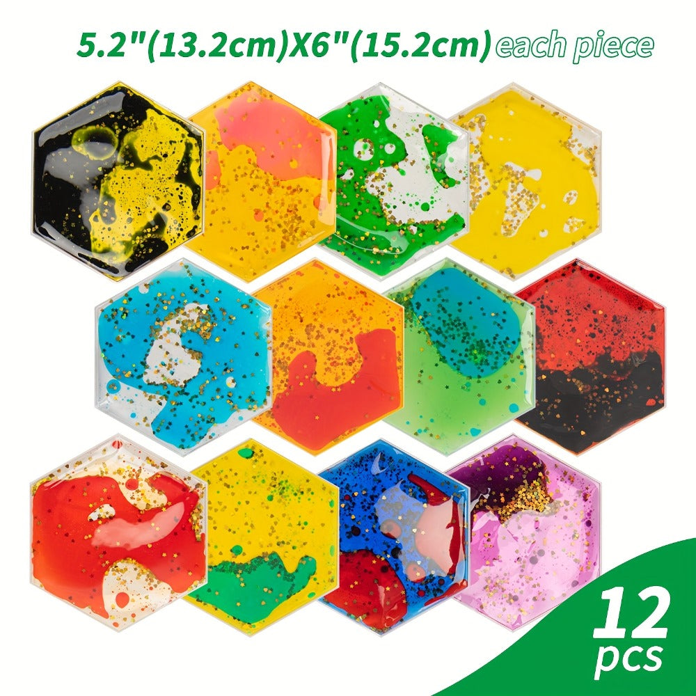 Liquid Tiles Vinyl Flexible Wall Stickers 12-Pack – Geometric Sensory Tiles for Wall & Floor Decor, Stress Relief Fidget Tiles, Square & Hexagon Shapes, 5.9 x 5.9 Inches Each - product image