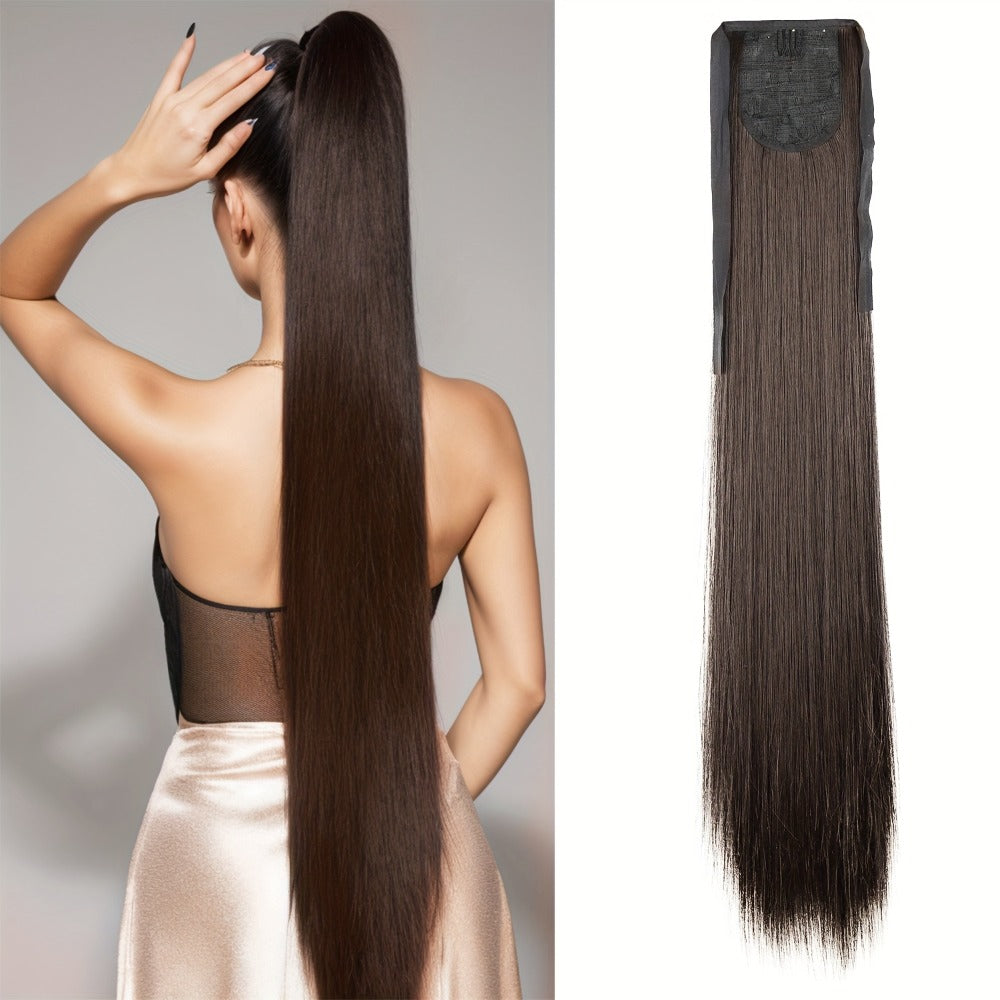 34 Inch Straight Ponytail Extension Ribbon Wrap – Long Sleek High Temperature Fiber Hairpiece for Women | Instant Wrap On Ponytail | Daily Wear Party Wedding | Brown Linen Champagn - product image 4