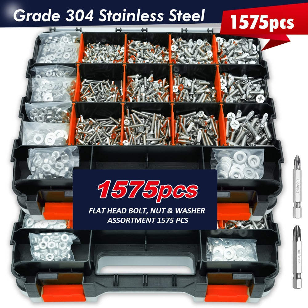1575pcs 304 Stainless Steel Nuts and Bolts Assortment Kit – Pan Head Flat Head Screws Nuts Washers with Double-Sided Storage Box for Home & Mechanical Repairs - product image