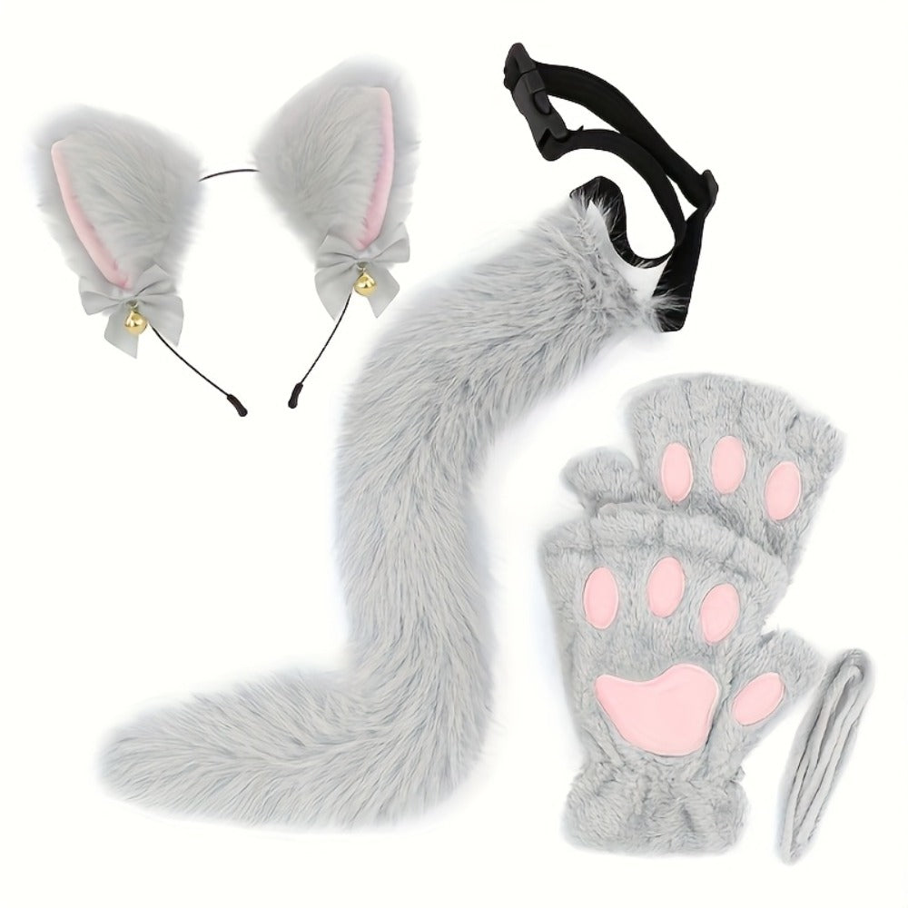 Bell Ear Headband, Plush Paw Gloves & Adjustable Tail for Halloween, Cosplay, Role Play & Stage Performances, Cute Gift for Women Girls, Grey White Brown Pink - product image 4