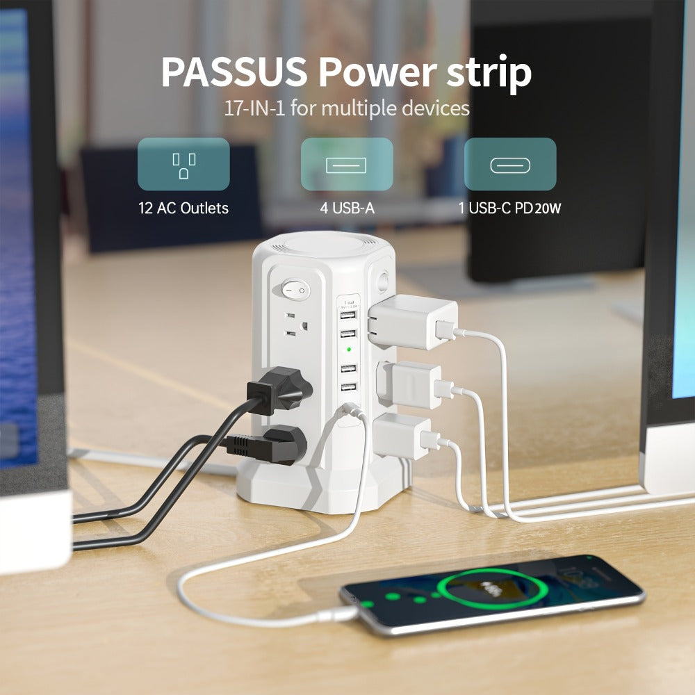 Surge Protector Power Strip Tower with 12 AC Outlets 5 USB Ports 8.8FT Extension Cord Night Light 4 Individual Switches Overload Protection for Home Office Desk Dorm Room - product image 16