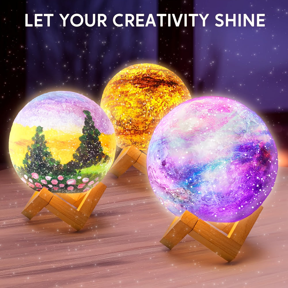 DIY Moon Lamp Craft Kit for Kids Paint Your Own 3D Moon Night Light with 12 Paints 4 Metallic Colors 2 Brushes Wooden Base Arts and Crafts Gift for Girls Boys Ages 6+ Birthday Christmas for Festive Home Decor