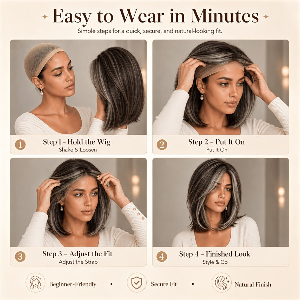 U Part Lace Front Bob Wig 4x1 Glueless Rose Net Cap Middle Part Natural Hairline Synthetic Wig for Women 14 Inch Brown Highlights Milky White Black Pink - product image 3