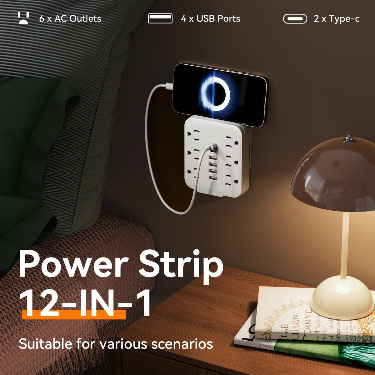 Wall Power Strip 12-in-1 with 6 AC Outlets & 6 USB Ports (2 USB-C) – Compact Space-Saving Plug, 110-130V US Plug for Home & Office – White & Black - product image 14