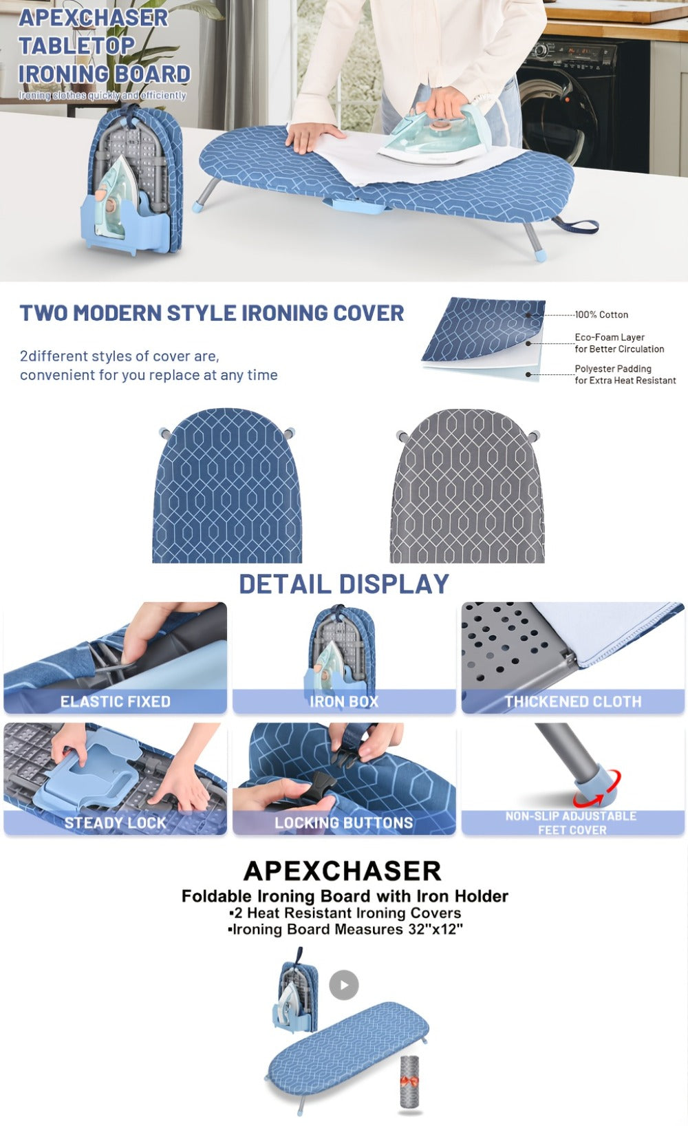 Tabletop Ironing Board Portable with Iron Holder & 2 Heat-Resistant Covers, Compact Small Ironing Board Metal Frame Non-Slip Feet for Home Travel Apartment Dorm, Space-Saving Deskt - product image 13