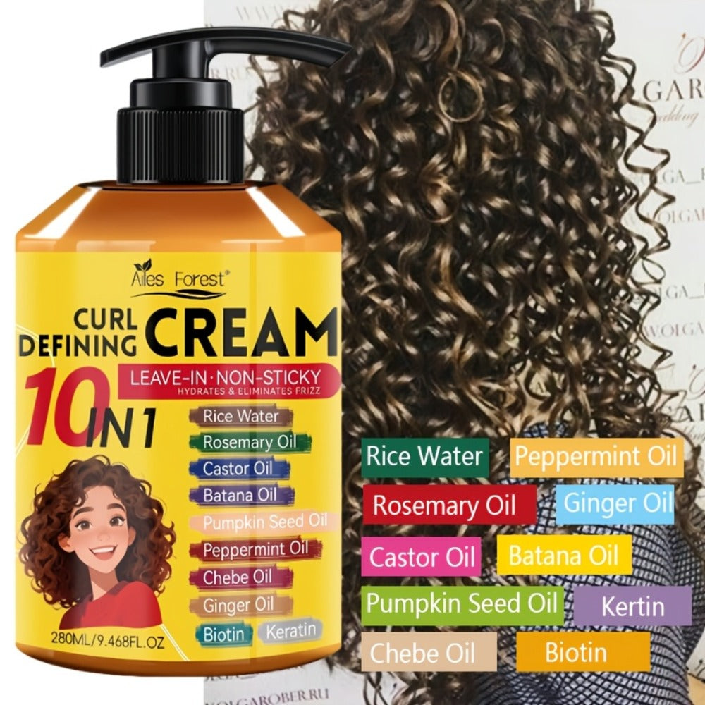 10-in-1 Leave-In Curl Defining Cream Anti-Frizz Deep Moisturizing Hydrating Conditioner — Non-Sticky Frizz Control Curl Enhancer for Wavy Curly Coily Natural Hair Unisex 280ml - product image 5