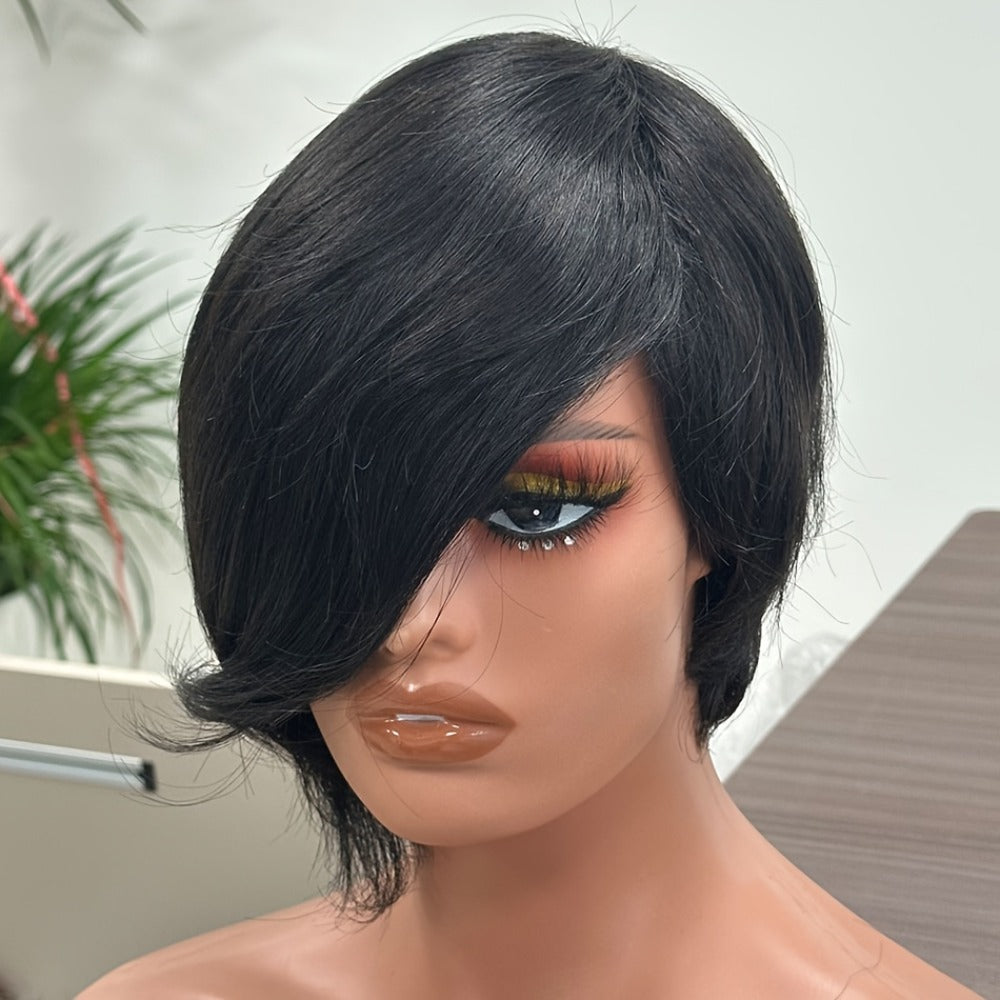 Pixie Cut Human Hair Wig with Bangs 8 Inch 200% Density Glueless | Side Part Layered Straight Rose Net Cap Throw On and Go | #1 #4 #99J Women Daily Party - product image 11