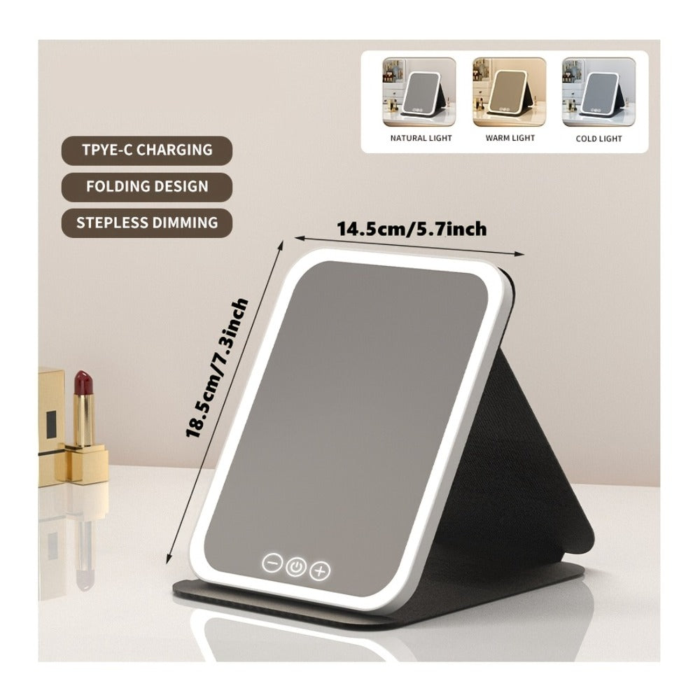 Portable LED Makeup Mirror Folding with Touch Screen - USB Rechargeable Vanity Mirror, Tri-Color Dimmable Lighting, Travel Desk Tabletop, Square or Round Shape, Pink or White, Cord - product image 6